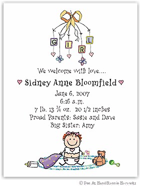 Pen At Hand Stick Figures Birth Announcements - Mobile - Girl